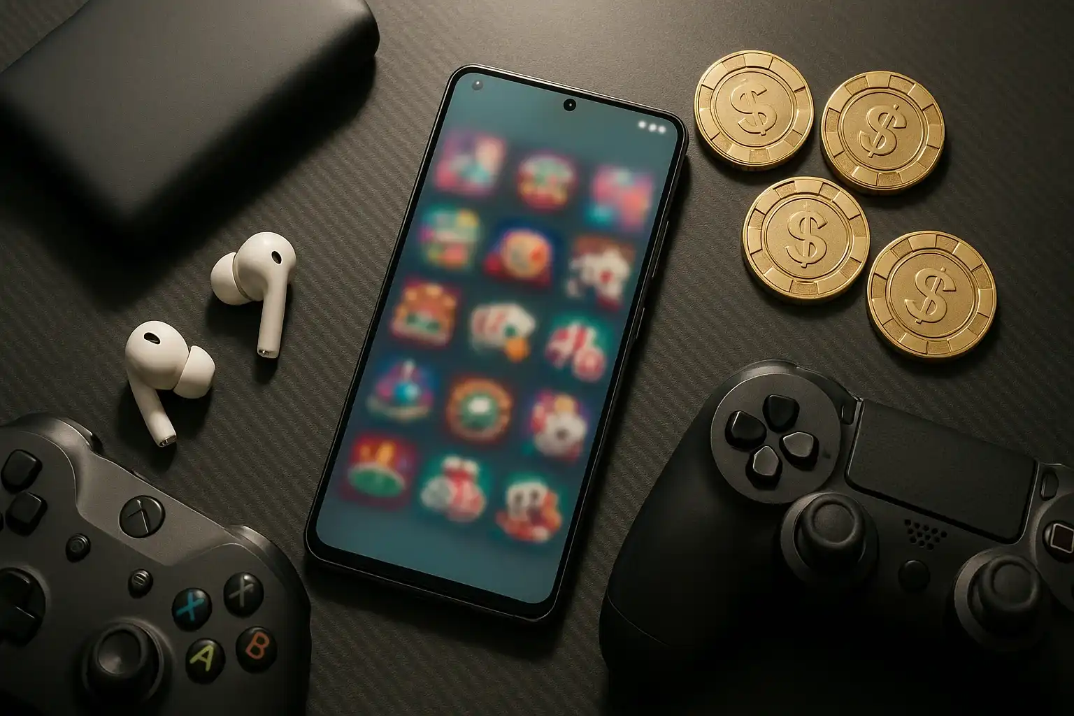 Ultra-realistic flat-lay of Android casino app setup with chips and accessories