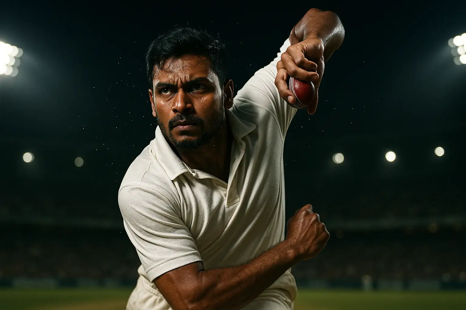 Ultra-realistic Bangladeshi male cricket bowler delivering ball under stadium lights