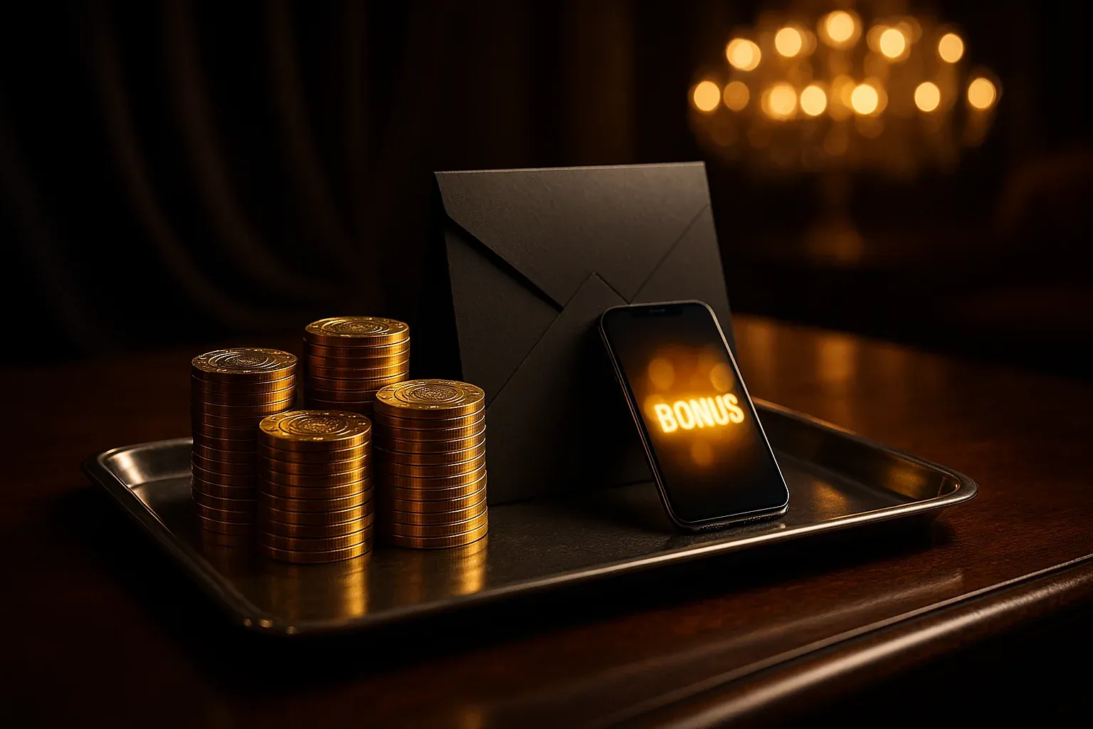 VIP casino bonus tray with golden chips, gift envelope, and smartphone