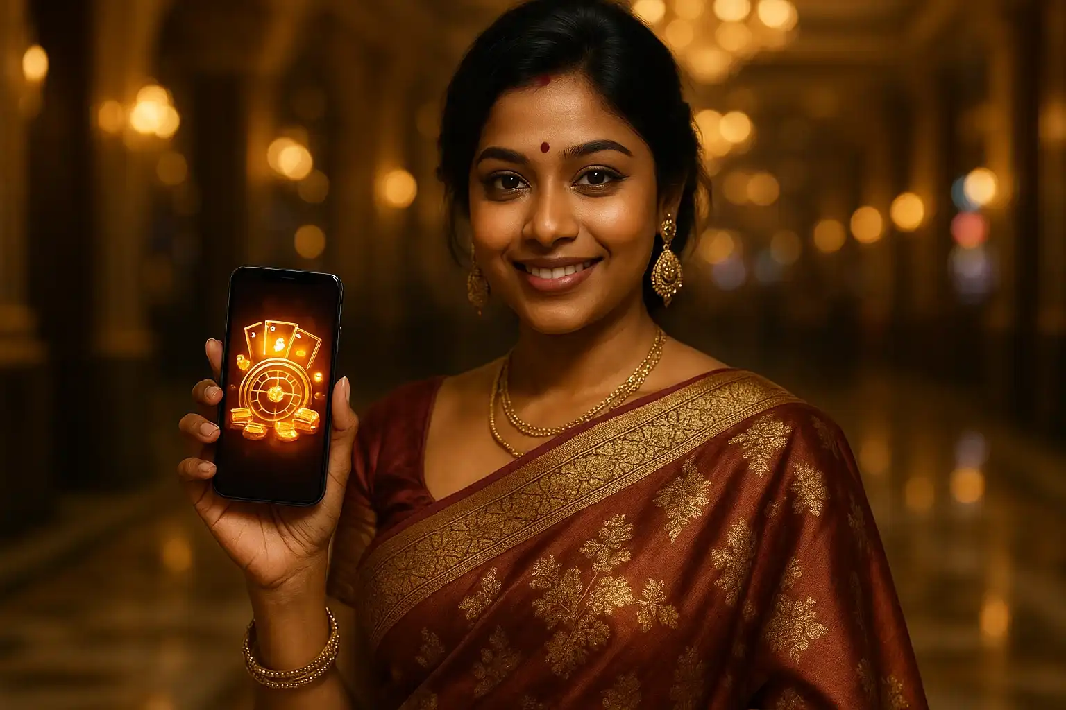Bangladeshi woman in silk saree holding glowing smartphone at casino entrance
