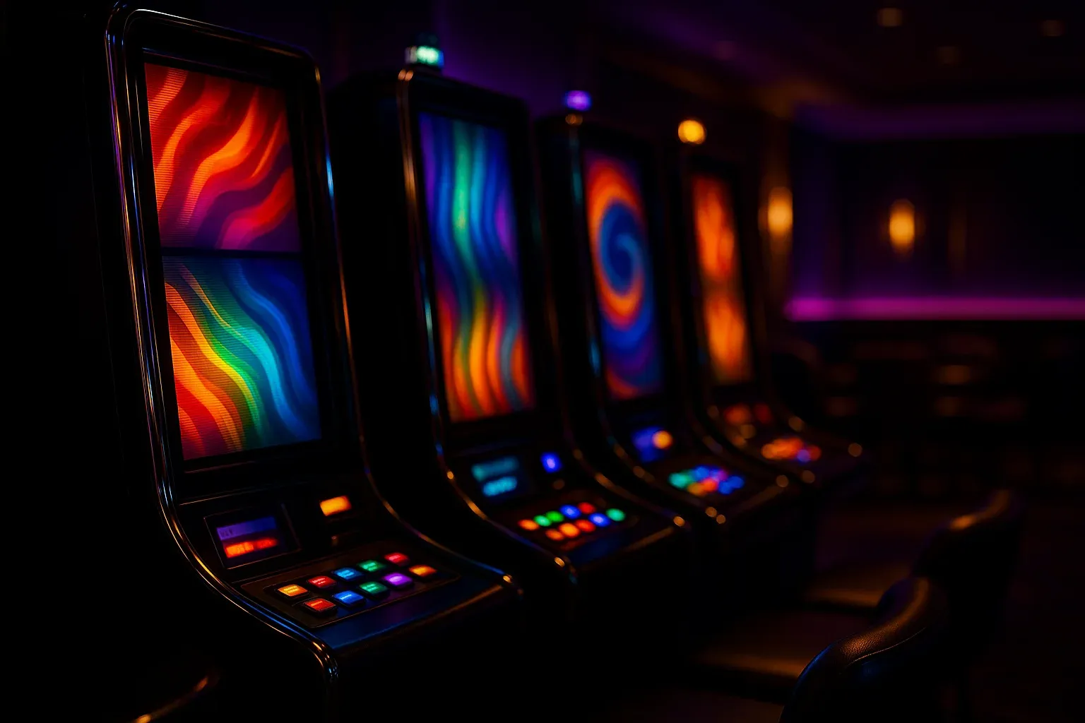 Colorful slot machine screens glowing in a dark neon casino lounge