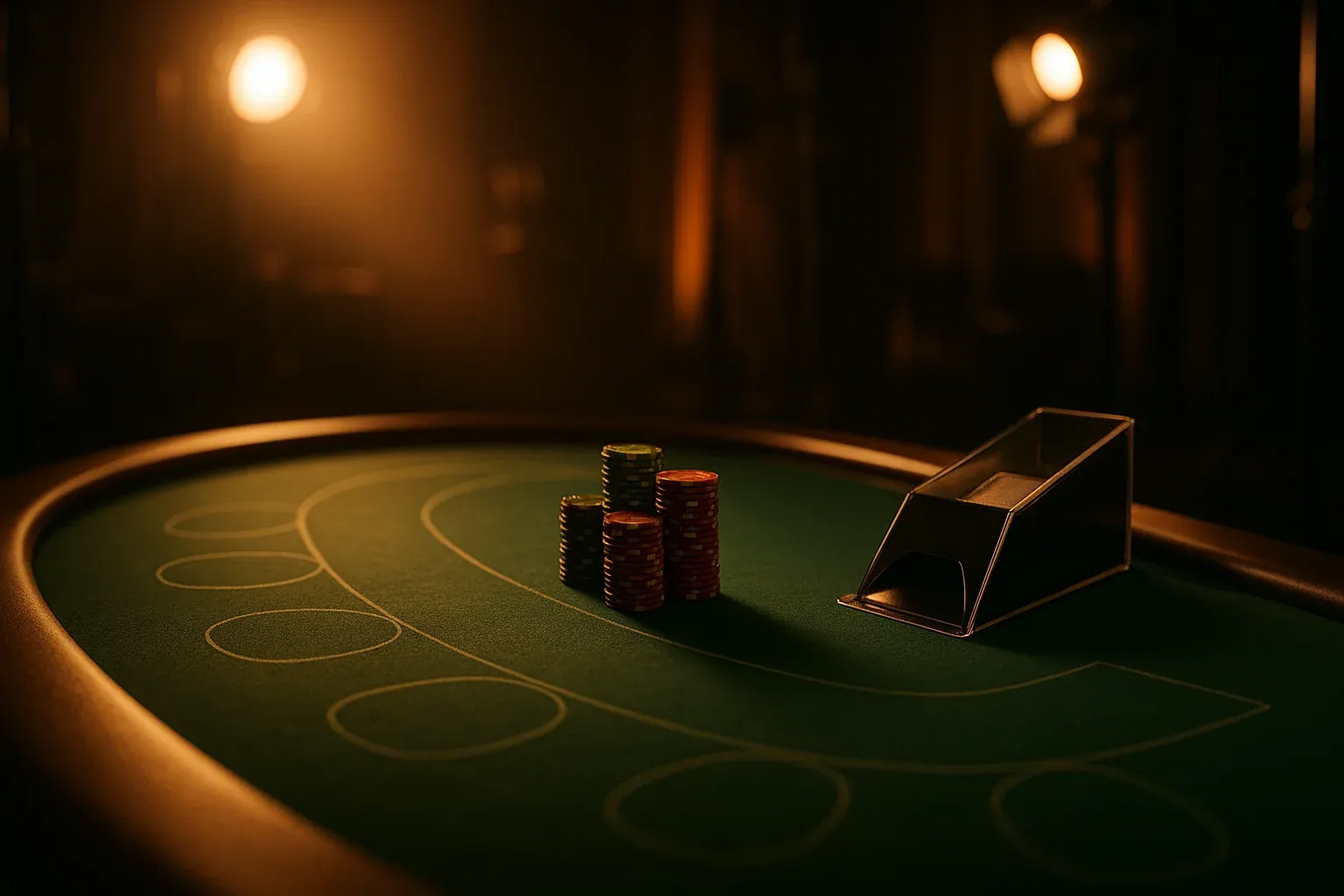 Ultra-realistic live blackjack table in premium casino studio with warm lighting