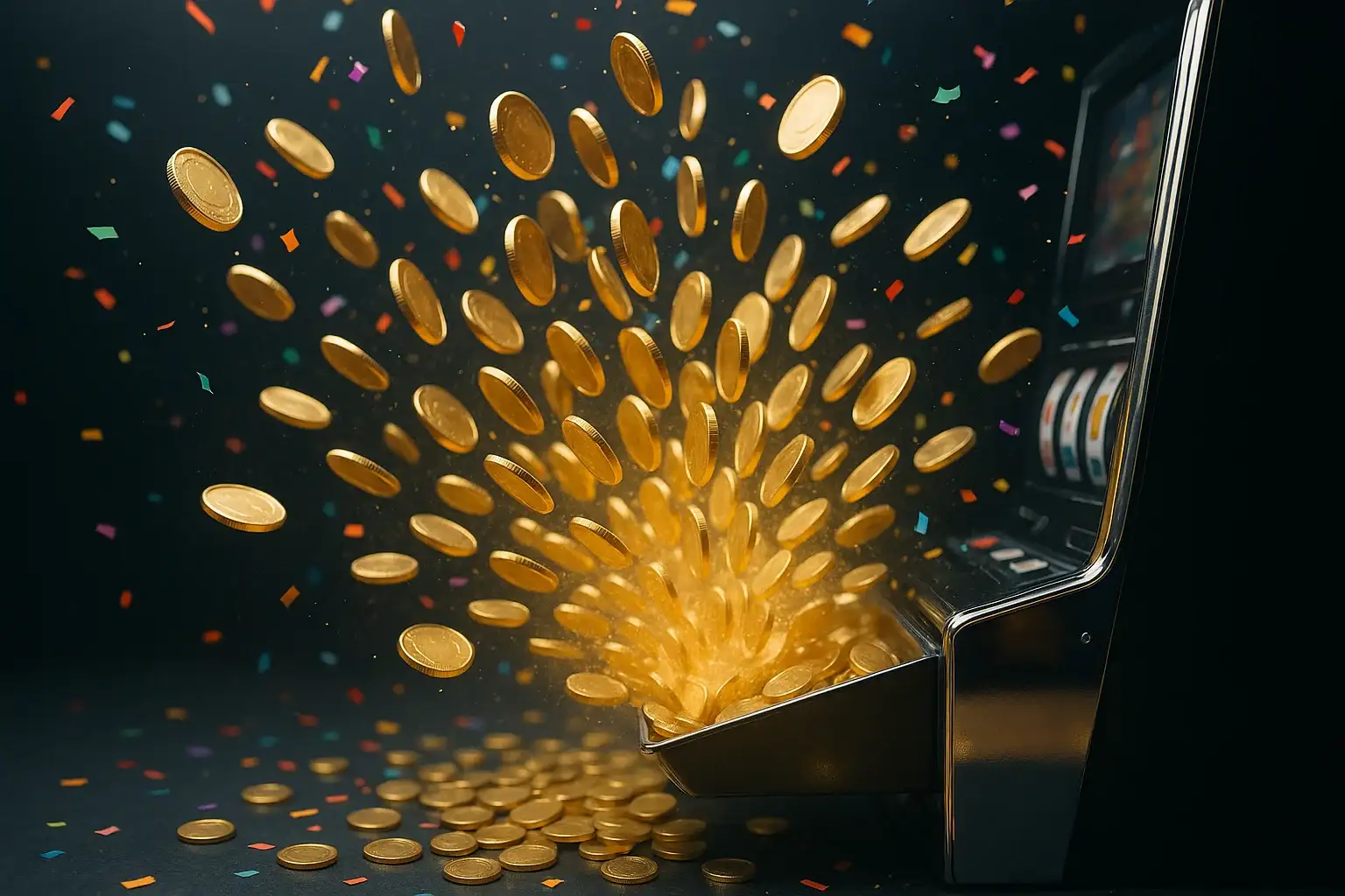 Golden coins bursting from slot machine tray with confetti in dark background